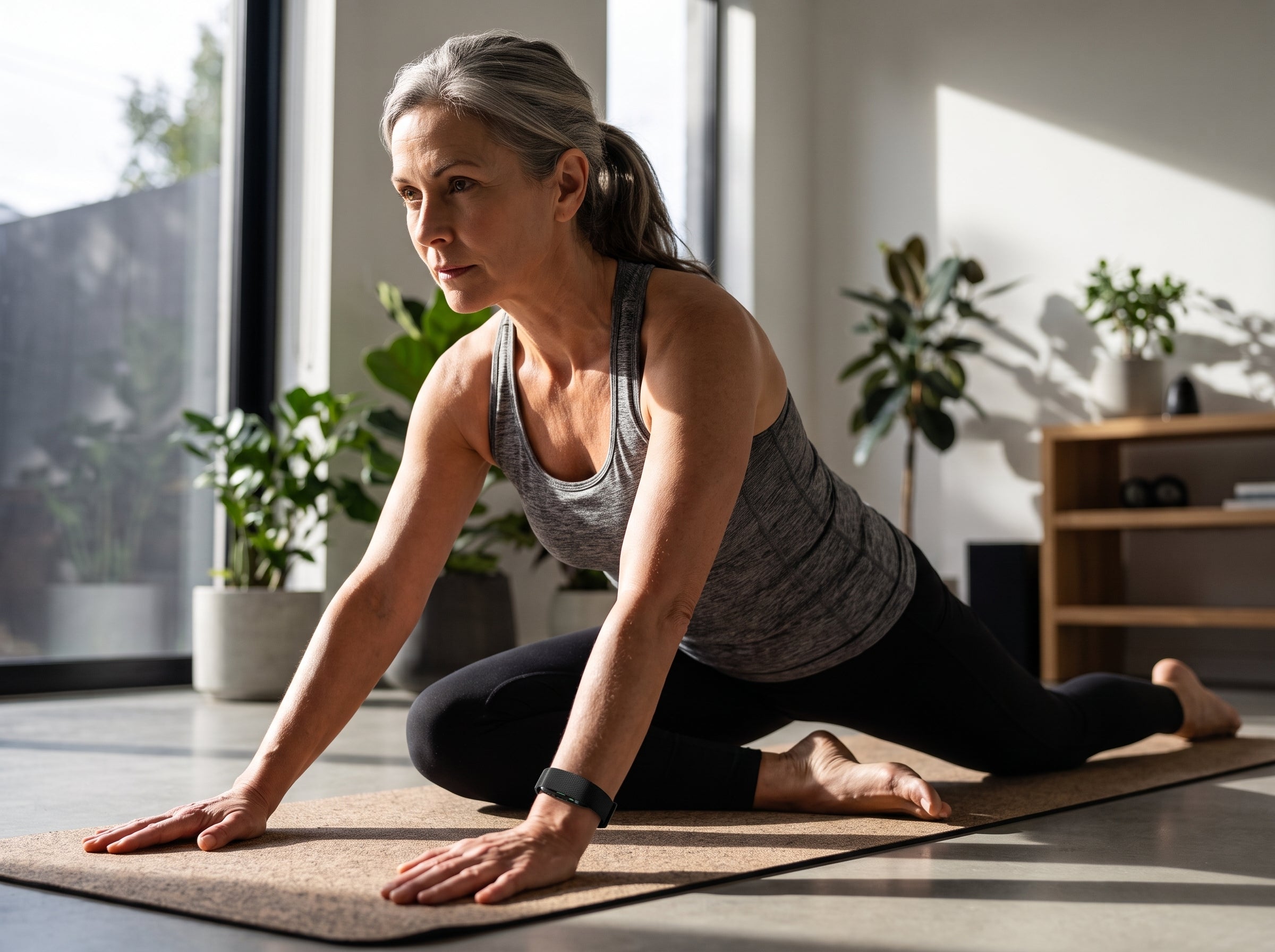 Woman stretching on a yoga mat at home, wearing a NOOA smart band