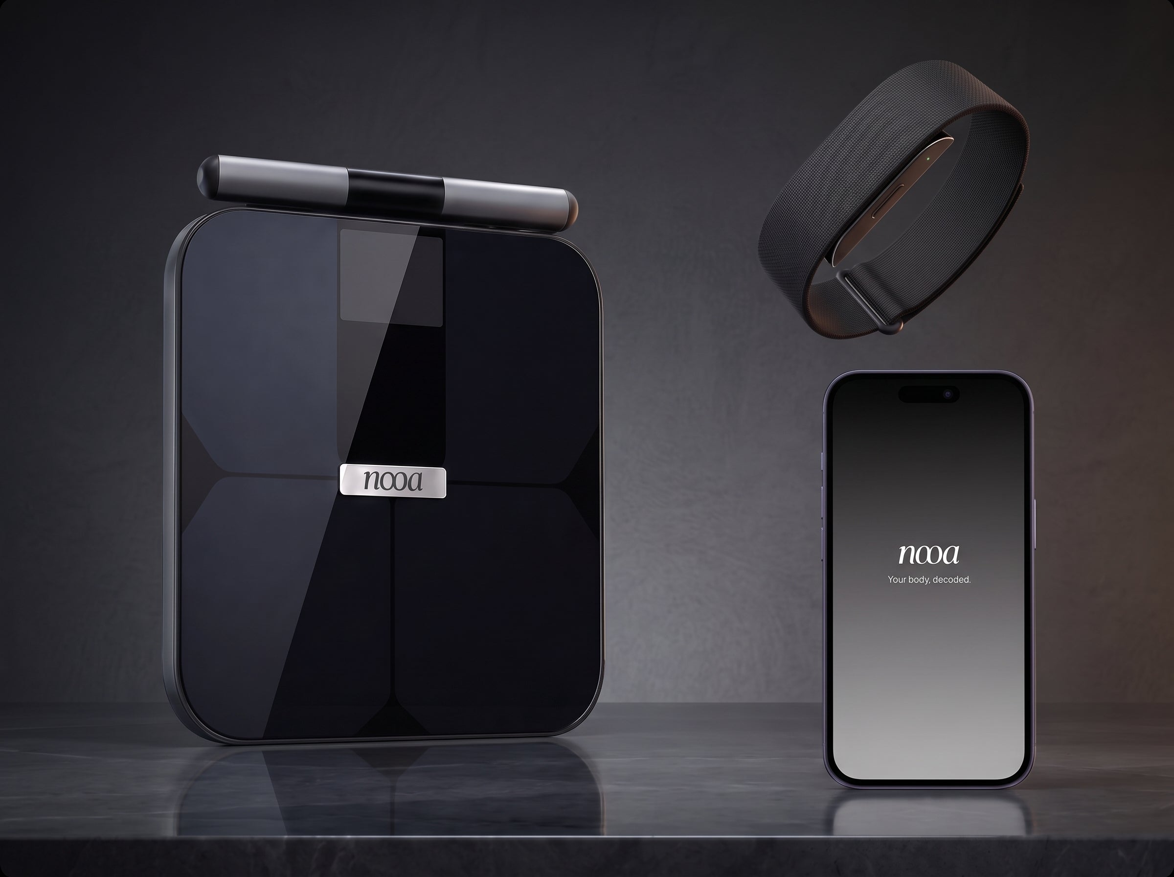 NOOA smart scale, smart band and the NOOA app shown together