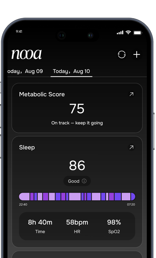 NOOA app screen — Metabolic Score 75 and Sleep 86