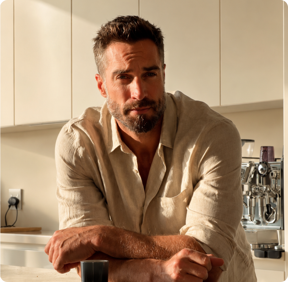 Man in his forties leaning on a kitchen counter