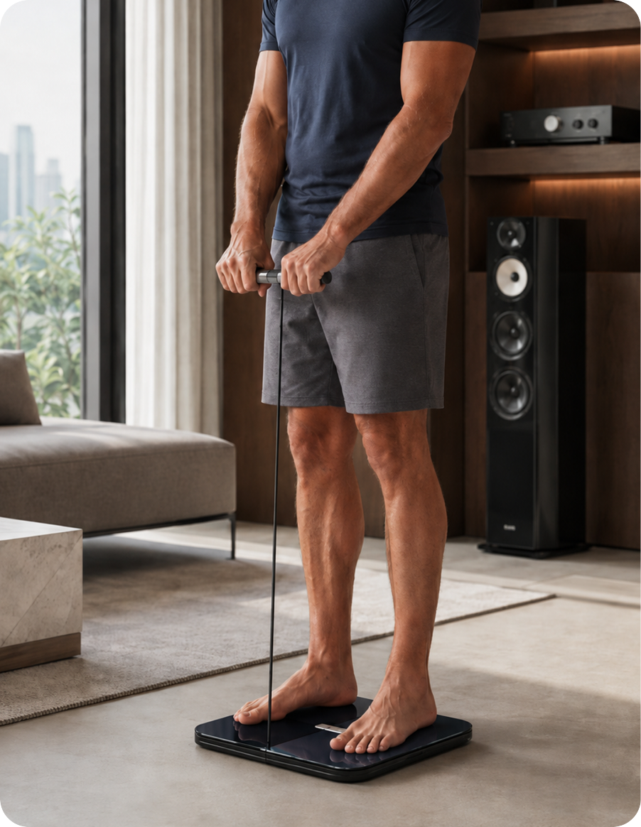 A man standing on the NOOA smart scale, holding its handle