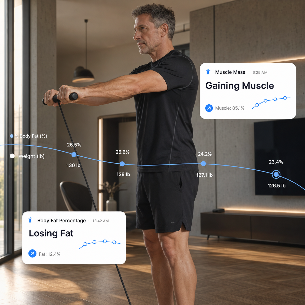 Man weighing himself on the NOOA Smart Scale with the handheld sensor, app overlay showing muscle and fat trends