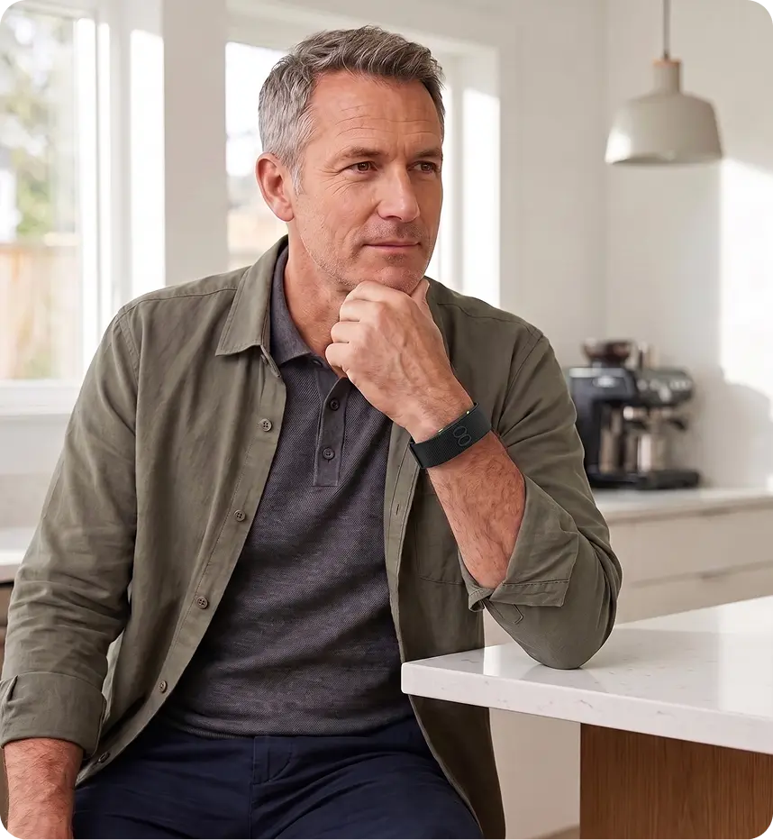 NOOA member sitting in a bright kitchen wearing the band
