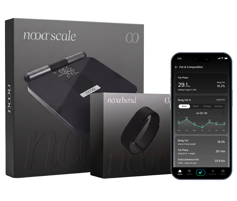 The NOOA Smart Scale in its packaging, beside a phone showing the app's body-composition screen