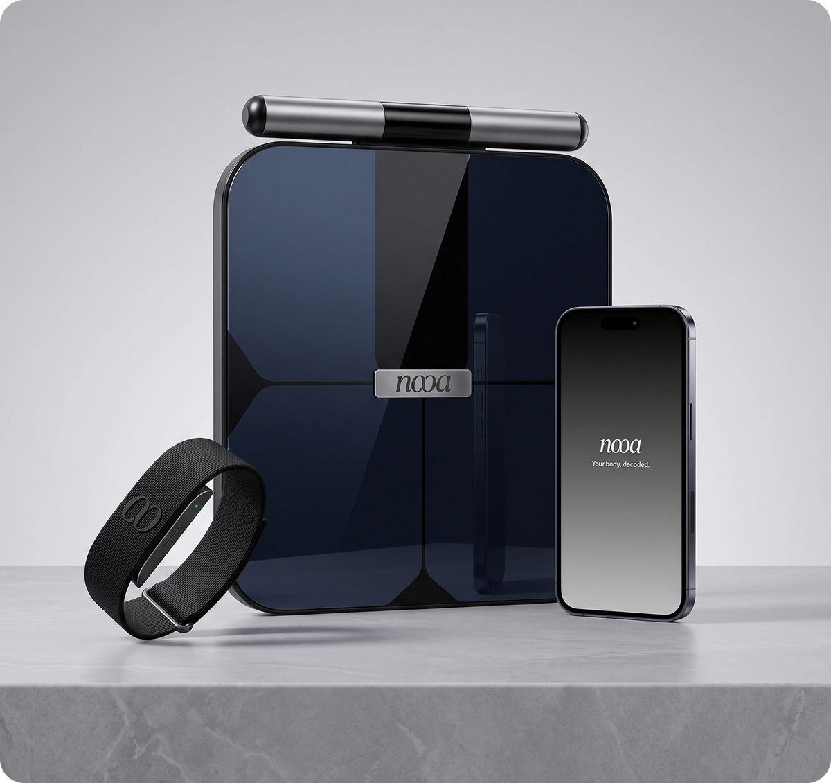NOOA smart scale, smart band and the NOOA app shown together