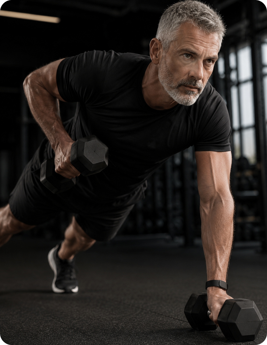 A man training with a dumbbell in a gym