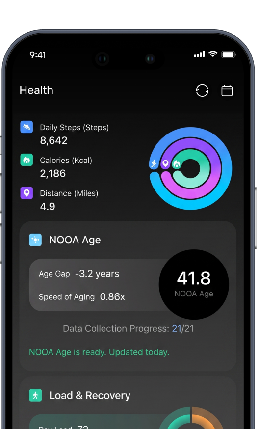 NOOA app Health screen — 8,642 steps, NOOA Age 41.8, age gap −3.2 years
