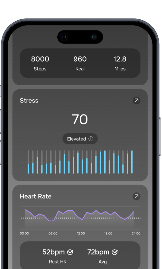 NOOA app Activity screen — Stress score 70 and heart-rate trend