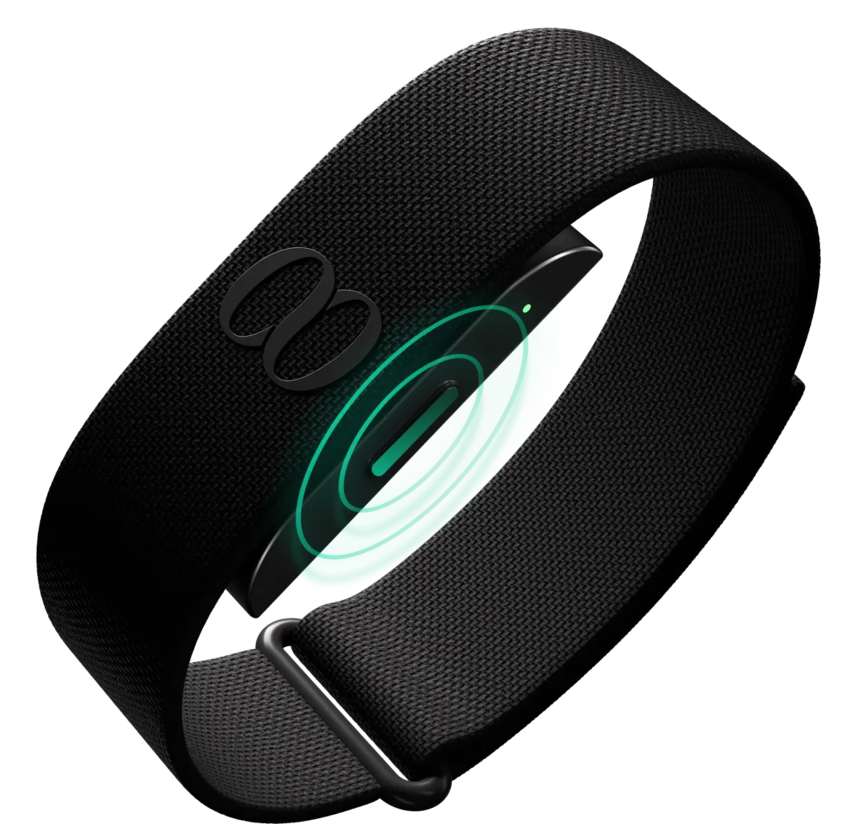 NOOA Band with a woven fabric strap, shown at an angle, its sensor ring lit
