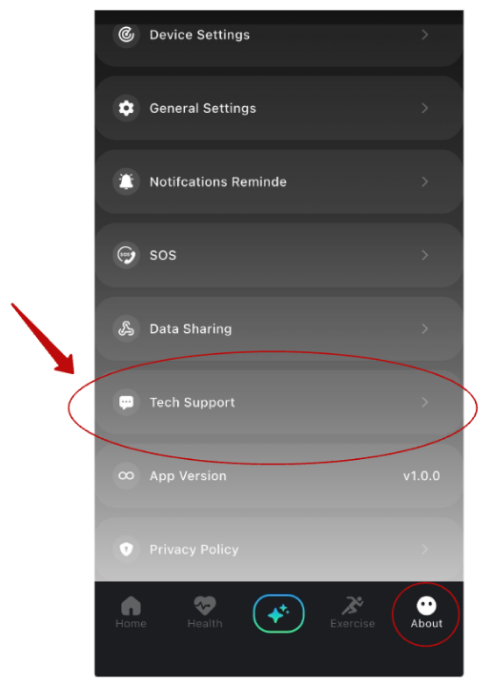 The app About tab with Tech Support circled