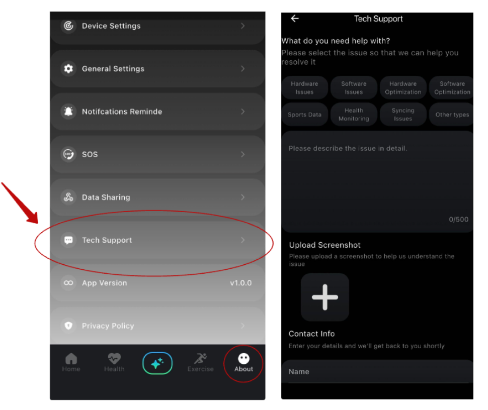The app About tab with Tech Support circled, next to the Tech Support form