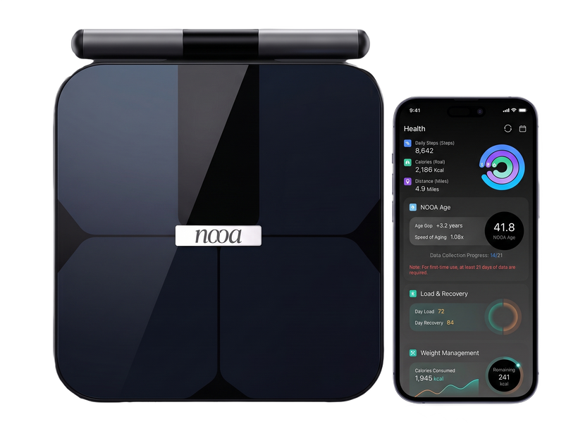 NOOA smart scale next to the NOOA app