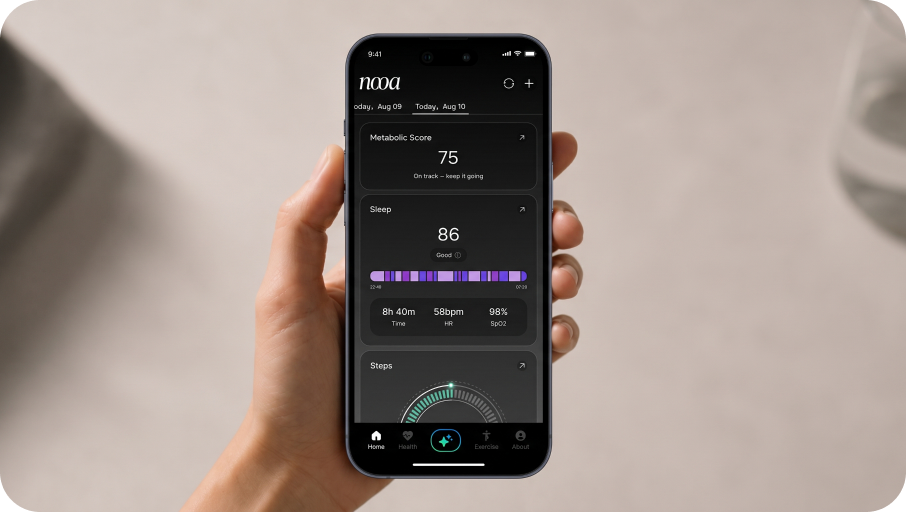 Hand holding a phone showing the NOOA app's daily scores