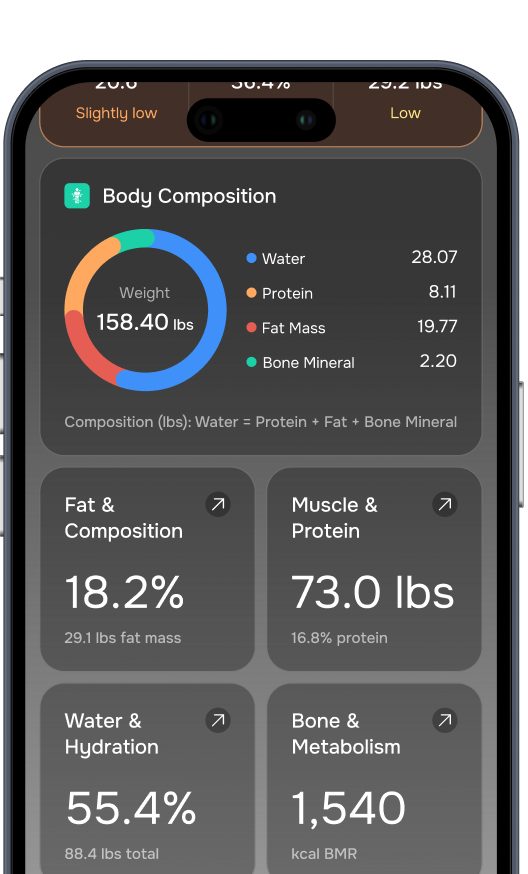 The NOOA app showing a full body-composition breakdown