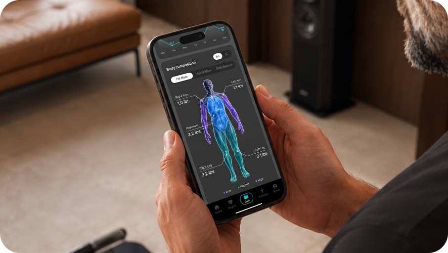Hand holding a phone showing the NOOA app's body-composition screen